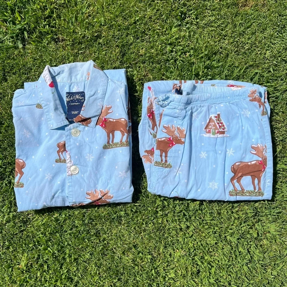 Y2K Nick & Nora Chocolate Moose Whipped Cream Cotton Pajama Set HTF Blue Tag Med